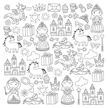Doodle Prenses ve fantezi simge kümesi ve ve tasarım öğesi davet ve tebrik kartı için. Çizim çocuklar. Anaokulu, okul öncesi, okul desen