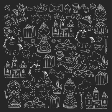 Doodle Prenses ve fantezi simge kümesi ve ve tasarım öğesi davet ve tebrik kartı için. Çizim çocuklar. Anaokulu, okul öncesi, okul desen