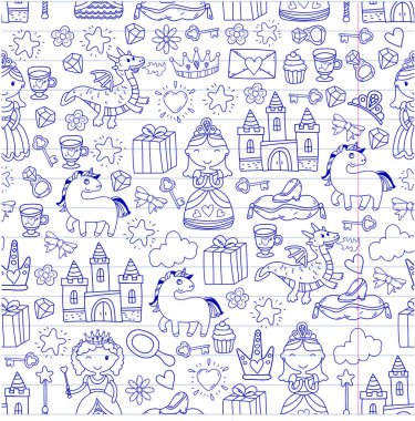 Doodle Prenses ve fantezi simge kümesi ve ve tasarım öğesi davet ve tebrik kartı için. Çizim çocuklar. Anaokulu, okul öncesi, okul desen