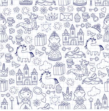 Doodle Prenses ve fantezi simge kümesi ve ve tasarım öğesi davet ve tebrik kartı için. Çizim çocuklar. Anaokulu, okul öncesi, okul desen