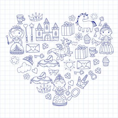 Doodle Prenses ve fantezi simge kümesi ve ve tasarım öğesi davet ve tebrik kartı için. Çizim çocuklar. Anaokulu, okul öncesi, okul desen