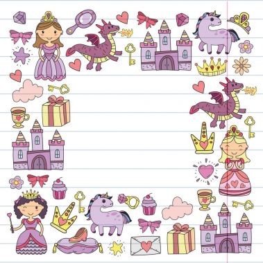 Doodle Prenses ve fantezi simge kümesi ve ve tasarım öğesi davet ve tebrik kartı için. Çizim çocuklar. Anaokulu, okul öncesi, okul desen