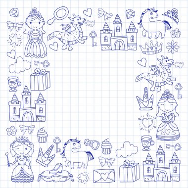 Doodle Prenses ve fantezi simge kümesi ve ve tasarım öğesi davet ve tebrik kartı için. Çizim çocuklar. Anaokulu, okul öncesi, okul desen