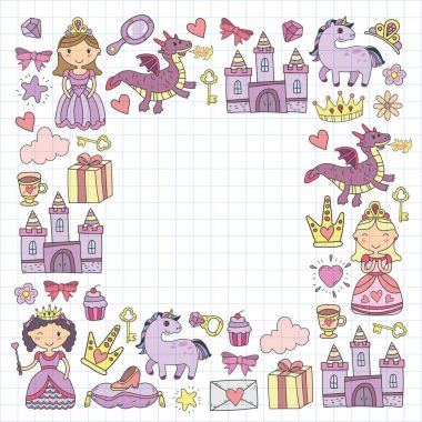 Doodle Prenses ve fantezi simge kümesi ve ve tasarım öğesi davet ve tebrik kartı için. Çizim çocuklar. Anaokulu, okul öncesi, okul desen