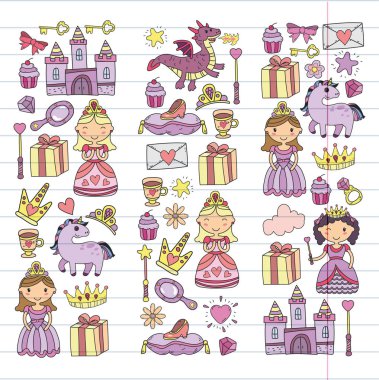 Doodle Prenses ve fantezi simge kümesi ve ve tasarım öğesi davet ve tebrik kartı için. Çizim çocuklar. Anaokulu, okul öncesi, okul desen