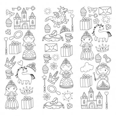 Doodle Prenses ve fantezi simge kümesi ve ve tasarım öğesi davet ve tebrik kartı için. Çizim çocuklar. Anaokulu, okul öncesi, okul desen