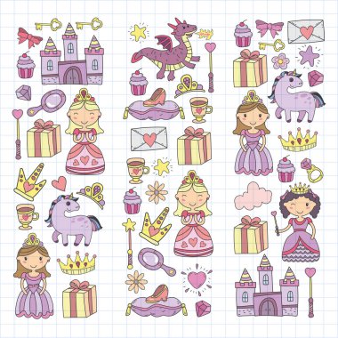 Doodle Prenses ve fantezi simge kümesi ve ve tasarım öğesi davet ve tebrik kartı için. Çizim çocuklar. Anaokulu, okul öncesi, okul desen