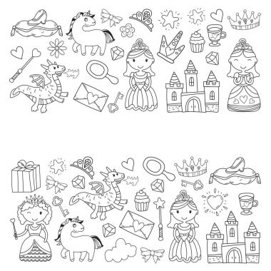 Doodle Prenses ve fantezi simge kümesi ve ve tasarım öğesi davet ve tebrik kartı için. Çizim çocuklar. Anaokulu, okul öncesi, okul desen