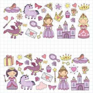 Doodle Prenses ve fantezi simge kümesi ve ve tasarım öğesi davet ve tebrik kartı için. Çizim çocuklar. Anaokulu, okul öncesi, okul desen