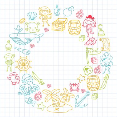 Çocuk erkek ve kız anaokulu, okul, okul öncesi, Cadılar Bayramı partisi Treasure Island, korsan gemisi, Yengeç, korsan oyun papağan macera ve seyahat ve eğlence