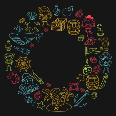 Çocuk erkek ve kız anaokulu, okul, okul öncesi, Cadılar Bayramı partisi Treasure Island, korsan gemisi, Yengeç, korsan oyun papağan macera ve seyahat ve eğlence