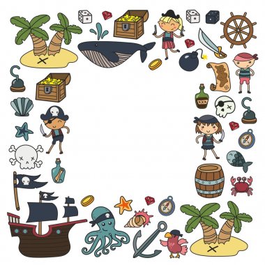 Çocuk erkek ve kız anaokulu, okul, okul öncesi, Cadılar Bayramı partisi Treasure Island, korsan gemisi, Yengeç, korsan oyun papağan macera ve seyahat ve eğlence doğum günü Davetiyesi