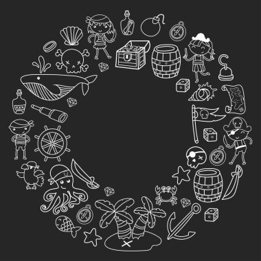 Çocuk erkek ve kız anaokulu, okul, okul öncesi, Cadılar Bayramı partisi Treasure Island, korsan gemisi, Yengeç, korsan oyun papağan macera ve seyahat ve eğlence doğum günü Davetiyesi