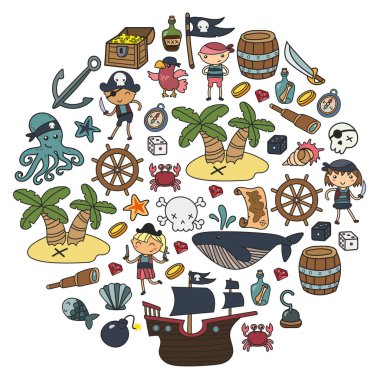 Çocuk erkek ve kız anaokulu, okul, okul öncesi, Cadılar Bayramı partisi Treasure Island, korsan gemisi, Yengeç, korsan oyun papağan macera ve seyahat ve eğlence doğum günü Davetiyesi