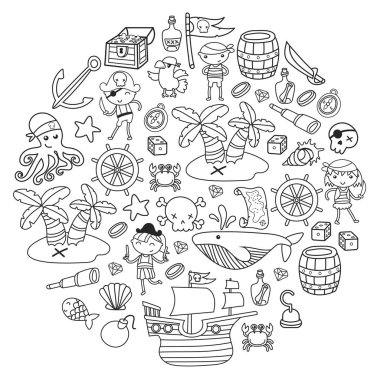 Çocuk erkek ve kız anaokulu, okul, okul öncesi, Cadılar Bayramı partisi Treasure Island, korsan gemisi, Yengeç, korsan oyun papağan macera ve seyahat ve eğlence doğum günü Davetiyesi