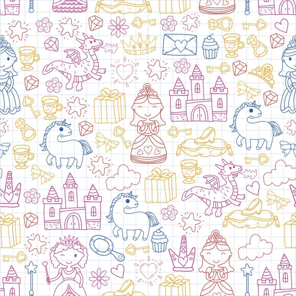 Conjunto de doodle princesa e ícone de fantasia e e elemento de design para convite e cartão de saudação. Crianças a desenhar. Jardim de infância, pré-escola, padrão escolar —  Vetores de Stock