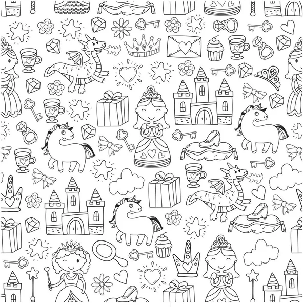 Conjunto de doodle princesa e ícone de fantasia e e elemento de design para convite e cartão de saudação. Crianças a desenhar. Jardim de infância, pré-escola, padrão escolar — Vetor de Stock