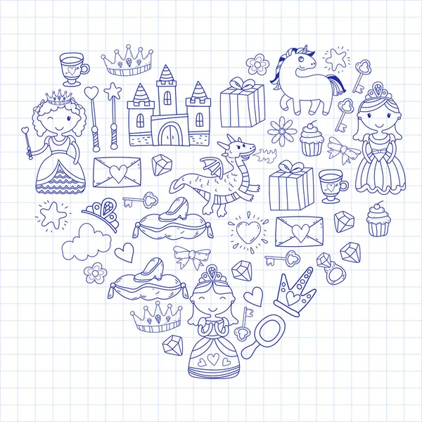 Ensemble de princesse doodle et icône fantaisie et et élément de design pour invitation et carte de vœux. Des enfants dessinent. Jardin d'enfants, école maternelle, modèle scolaire — Image vectorielle