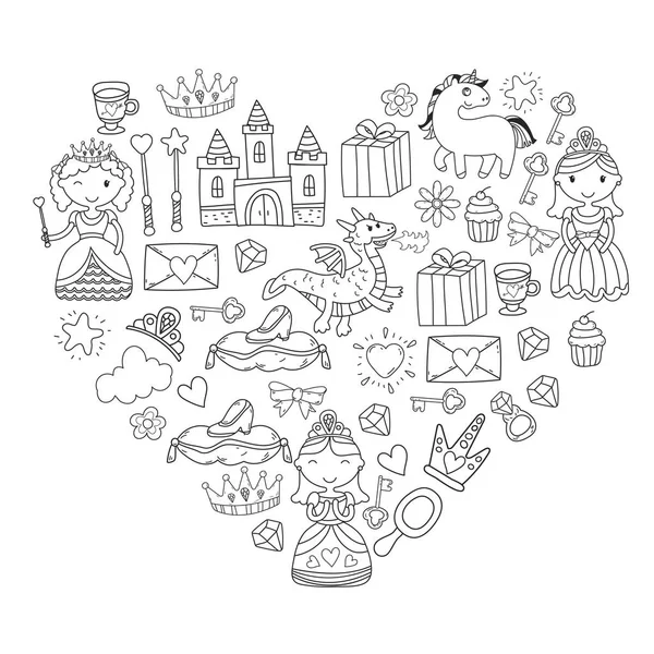 Uppsättning av doodle prinsessan och fantasy ikonen och och designelement för inbjudan och gratulationskort. Barnen ritade. Dagis, förskola, skola mönster — Stock vektor