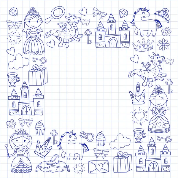 Set of doodle princess and fantasy icon and and design element for invitation and greeting card. Kids drawing. Kindergarten, preschool, school pattern — Stock Vector