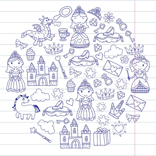Set van doodle prinses en fantasie pictogram en en ontwerpelement voor uitnodiging en wenskaarten. Kinderen tekenen. Kleuterschool, voorschoolse, school patroon — Stockvector