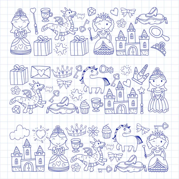 Conjunto de doodle princesa y fantasía icono y y elemento de diseño para invitación y tarjeta de felicitación. Niños dibujando. Jardín de infantes, preescolar, patrón escolar — Vector de stock