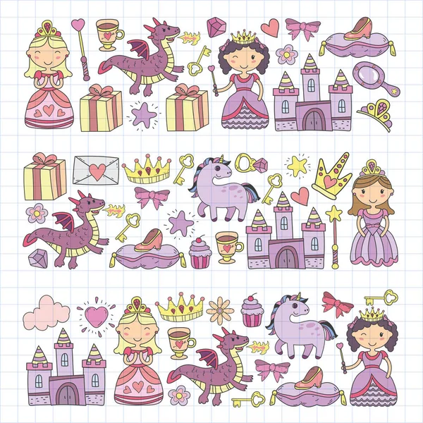 Doodle Prenses ve fantezi simge kümesi ve ve tasarım öğesi davet ve tebrik kartı için. Çizim çocuklar. Anaokulu, okul öncesi, okul desen