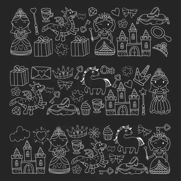 Set of doodle princess and fantasy icon and and design element for invitation and greeting card. Kids drawing. Kindergarten, preschool, school pattern — Stock Vector