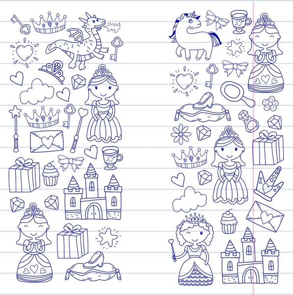 Набор каракулей принцессы и иконки фантазии и и элемент дизайна для приглашения и поздравительной открытки. Дети рисуют. Детский сад, детский сад, школьный узор — стоковый вектор