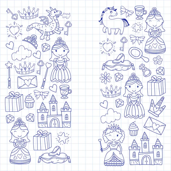 Conjunto de doodle princesa y fantasía icono y y elemento de diseño para invitación y tarjeta de felicitación. Niños dibujando. Jardín de infantes, preescolar, patrón escolar — Archivo Imágenes Vectoriales