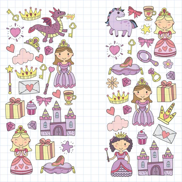 Set van doodle prinses en fantasie pictogram en en ontwerpelement voor uitnodiging en wenskaarten. Kinderen tekenen. Kleuterschool, voorschoolse, school patroon — Stockvector