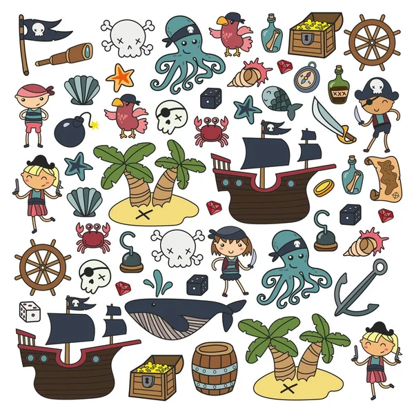 Niños jugando piratas Niños y niñas Kindergarten, escuela, preescolar, fiesta de halloween Isla del tesoro, barco pirata, cangrejo, loro Aventura y viajes y diversión Invitación de cumpleaños — Vector de stock
