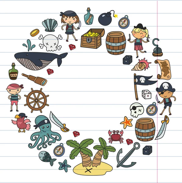 Niños jugando piratas Niños y niñas Kindergarten, escuela, preescolar, fiesta de halloween Isla del tesoro, barco pirata, cangrejo, loro Aventura y viajes y diversión Invitación de cumpleaños — Vector de stock