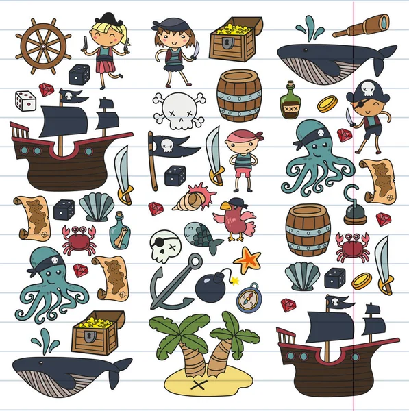 Niños jugando piratas Niños y niñas Kindergarten, escuela, preescolar, fiesta de halloween Isla del tesoro, barco pirata, cangrejo, loro Aventura y viajes y diversión Invitación de cumpleaños — Vector de stock