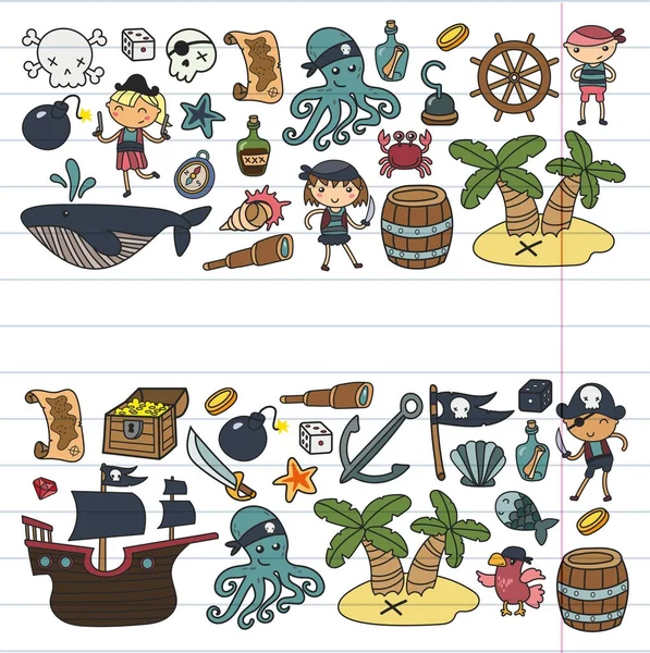 Niños jugando piratas Niños y niñas Kindergarten, escuela, preescolar, fiesta de halloween Isla del tesoro, barco pirata, cangrejo, loro Aventura y viajes y diversión Invitación de cumpleaños — Vector de stock