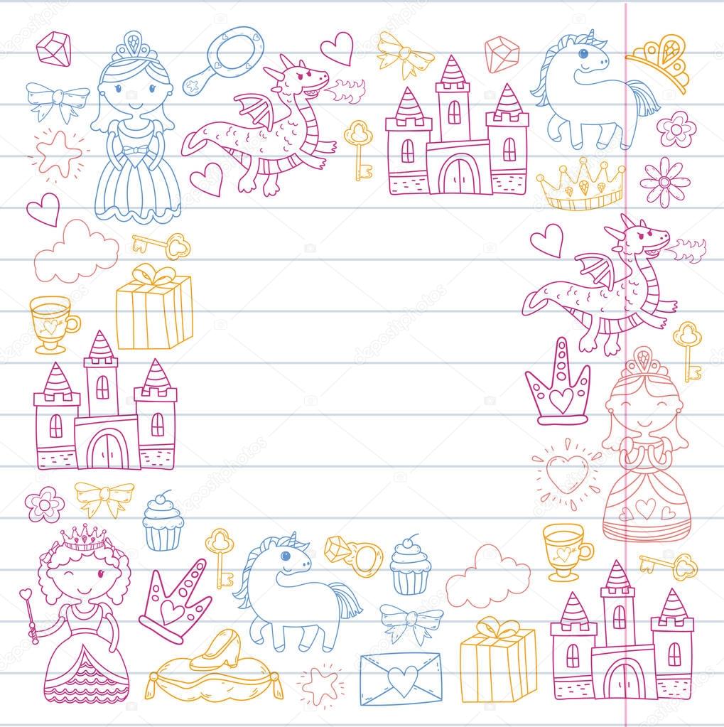 Set of doodle princess and fantasy icon and and design element for invitation and greeting card. Seamless pattern