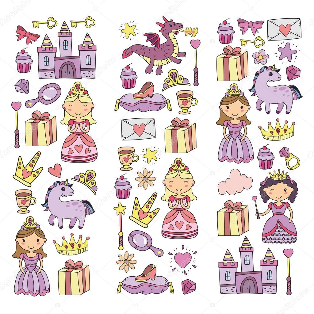 Set of doodle princess and fantasy icon and and design element for invitation and greeting card. Kids drawing. Kindergarten, preschool, school patterns
