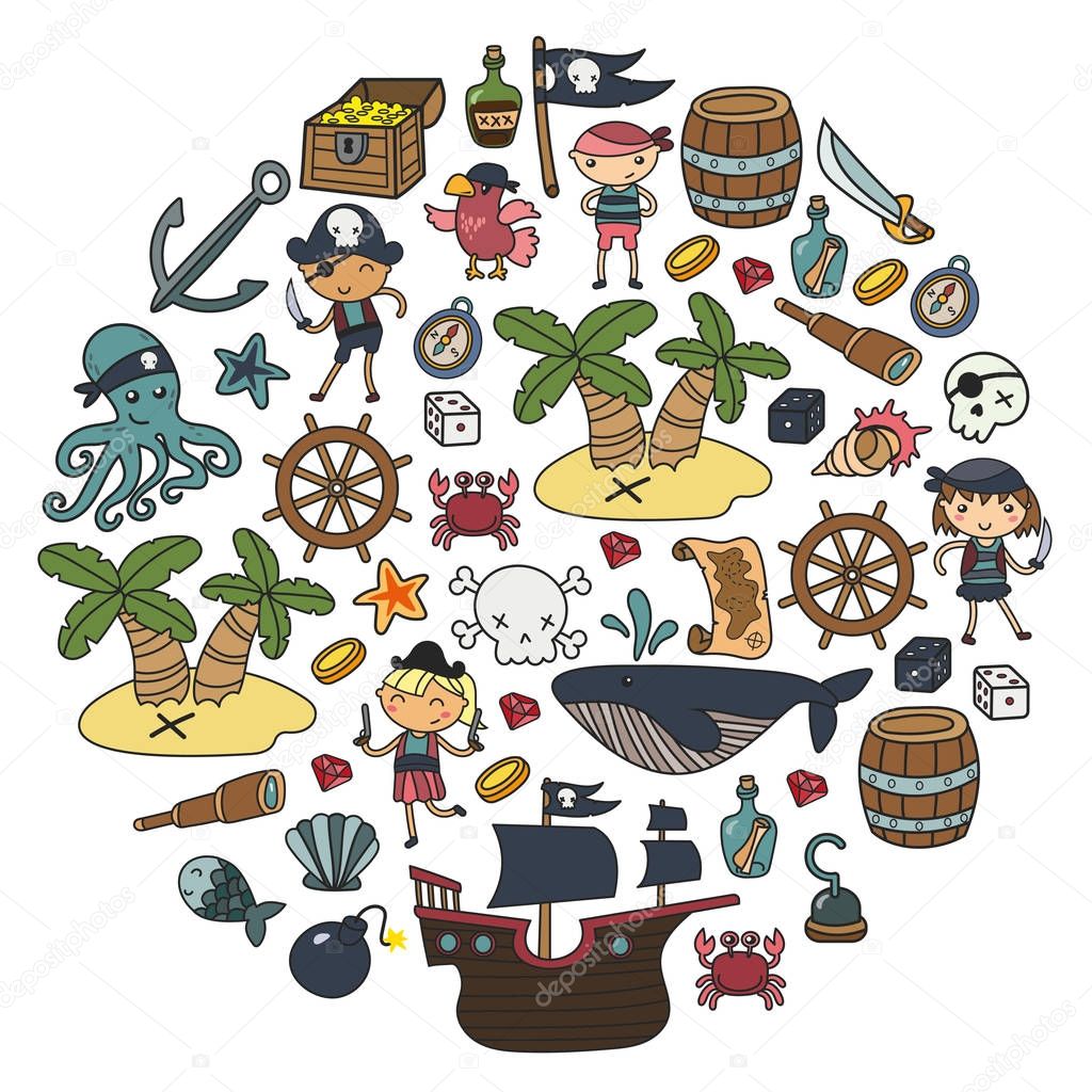 Children playing pirates Boys and girls Kindergarten, school, preschool, halloween party Treasure island, pirate ship, crab, parrot Adventure and travel and fun Birthday invitation