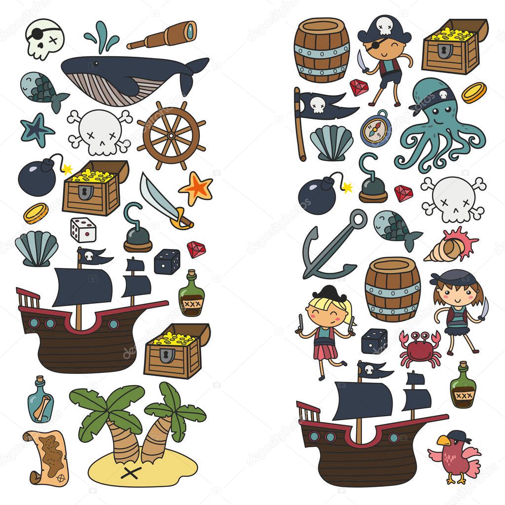 Children playing pirates Boys and girls Kindergarten, school, preschool, halloween party Treasure island, pirate ship, crab, parrot Adventure and travel and fun Birthday invitation