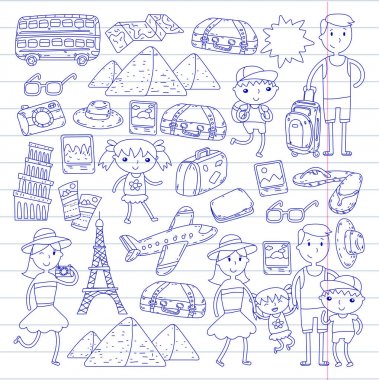 Doodle vektör seyahat, tatil, macera ayarlayın. Çocuklarla yolculuk için hazırlanıyor anne. Anaokulu, okul yaz tatili çizim çocuklar