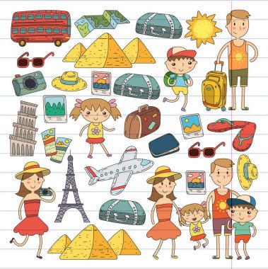 Doodle vektör seyahat, tatil, macera ayarlayın. Çocuklarla yolculuk için hazırlanıyor anne. Anaokulu, okul yaz tatili çizim çocuklar
