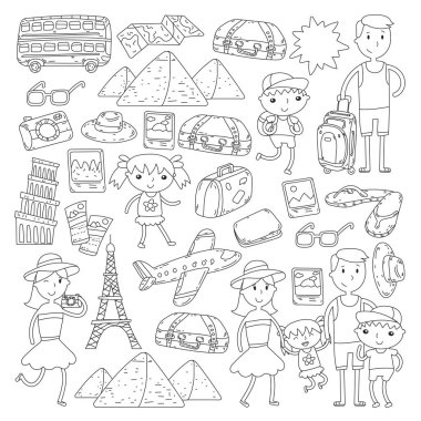 Doodle vektör seyahat, tatil, macera ayarlayın. Çocuklarla yolculuk için hazırlanıyor anne. Anaokulu, okul yaz tatili çizim çocuklar