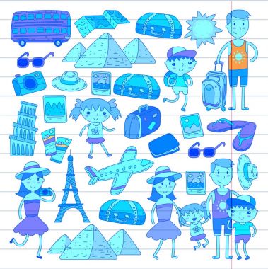 Doodle vektör seyahat, tatil, macera ayarlayın. Çocuklarla yolculuk için hazırlanıyor anne. Anaokulu, okul yaz tatili çizim çocuklar