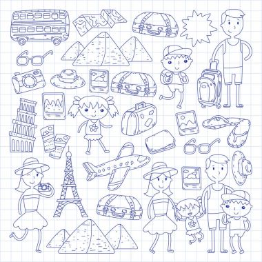 Doodle vektör seyahat, tatil, macera ayarlayın. Çocuklarla yolculuk için hazırlanıyor anne. Anaokulu, okul yaz tatili çizim çocuklar