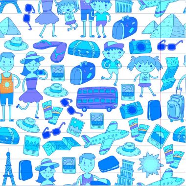 Doodle vektör seyahat, tatil, macera ayarlayın. Çocuklarla yolculuk için hazırlanıyor anne. Anaokulu, okul yaz tatili çizim çocuklar