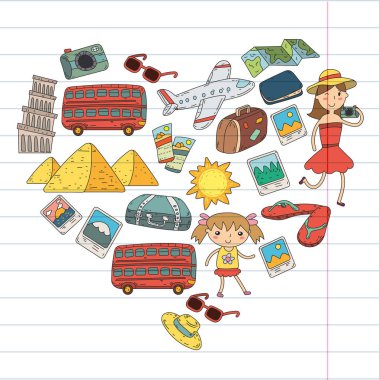Doodle vektör seyahat, tatil, macera ayarlayın. Çocuklarla yolculuk için hazırlanıyor anne. Anaokulu, okul yaz tatili çizim çocuklar