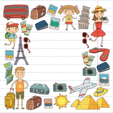 Doodle vektör seyahat, tatil, macera ayarlayın. Çocuklarla yolculuk için hazırlanıyor anne. Anaokulu, okul yaz tatili çizim çocuklar