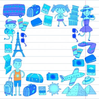 Doodle vektör seyahat, tatil, macera ayarlayın. Çocuklarla yolculuk için hazırlanıyor anne. Anaokulu, okul yaz tatili çizim çocuklar