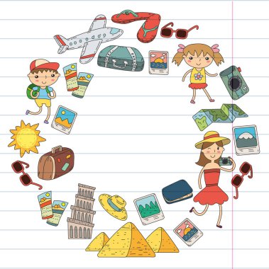 Doodle vektör seyahat, tatil, macera ayarlayın. Çocuklarla yolculuk için hazırlanıyor anne. Anaokulu, okul yaz tatili çizim çocuklar