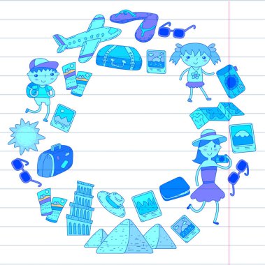 Doodle vektör seyahat, tatil, macera ayarlayın. Çocuklarla yolculuk için hazırlanıyor anne. Anaokulu, okul yaz tatili çizim çocuklar